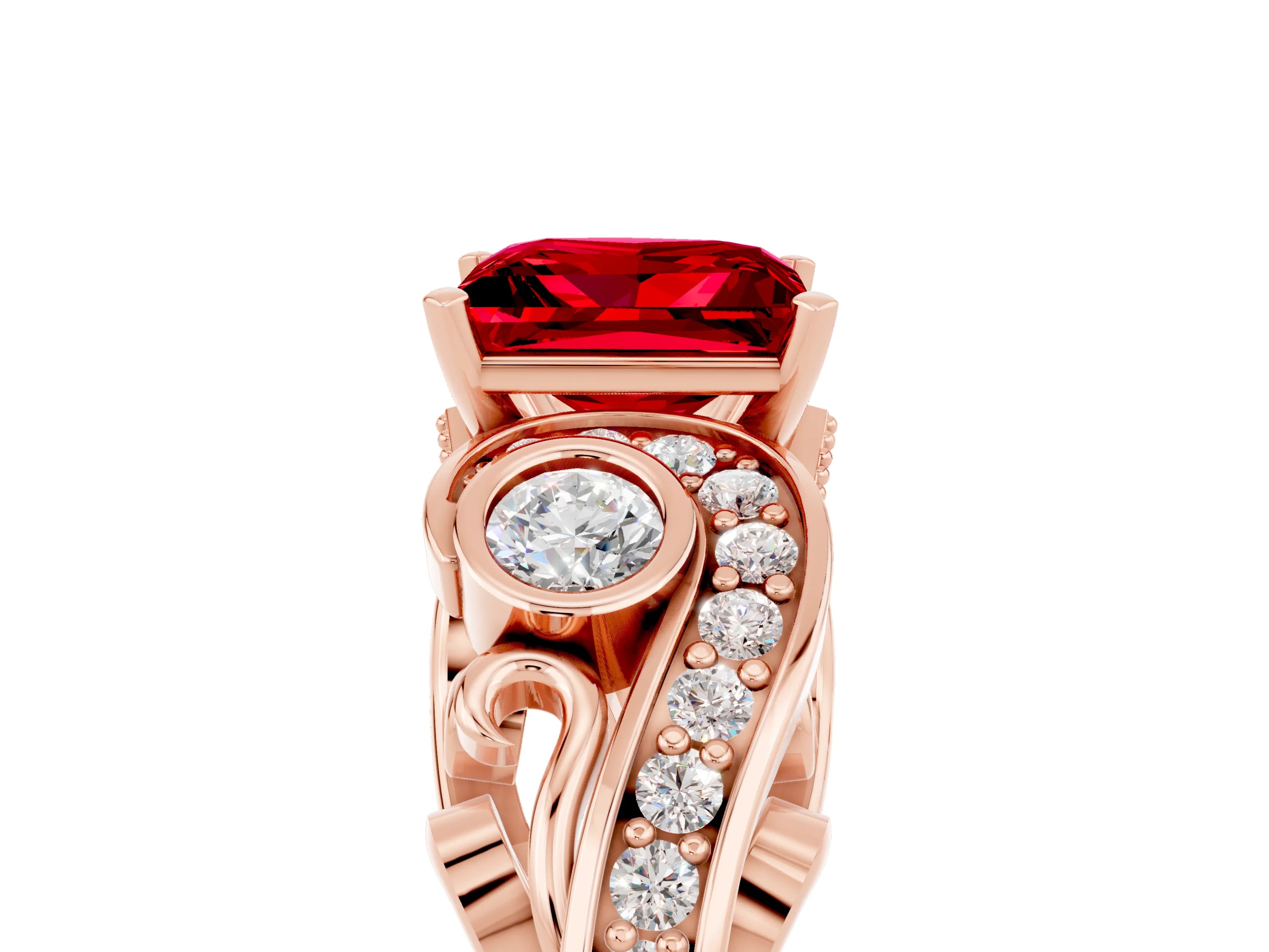 Rose gold Princess Cut Ruby Solitaire Ring with Milgrain Pavé Band and Four-Prong Setting_27