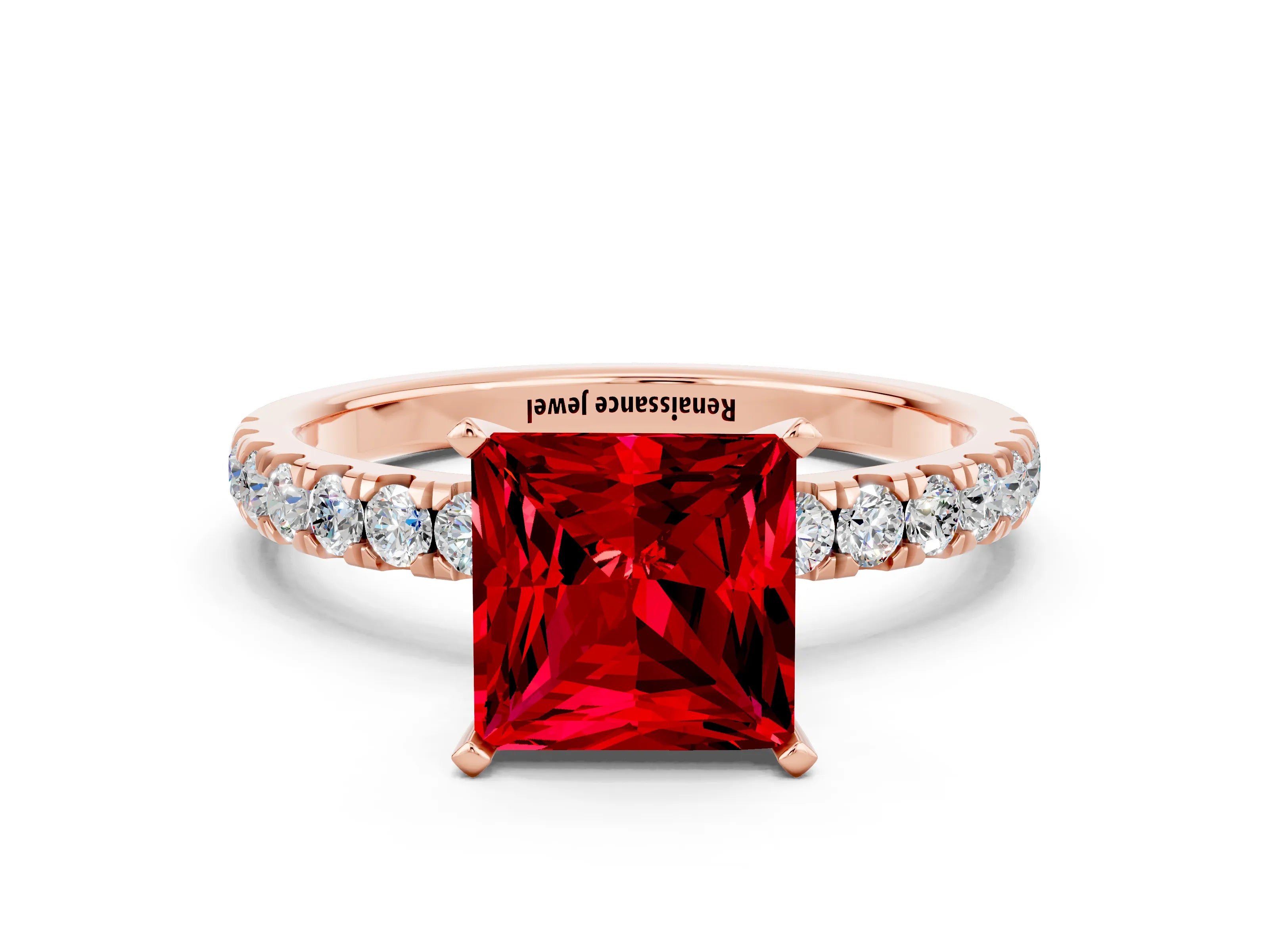 Rose gold Princess Cut Ruby Solitaire Ring with Pavé Accents and Four-Prong Setting