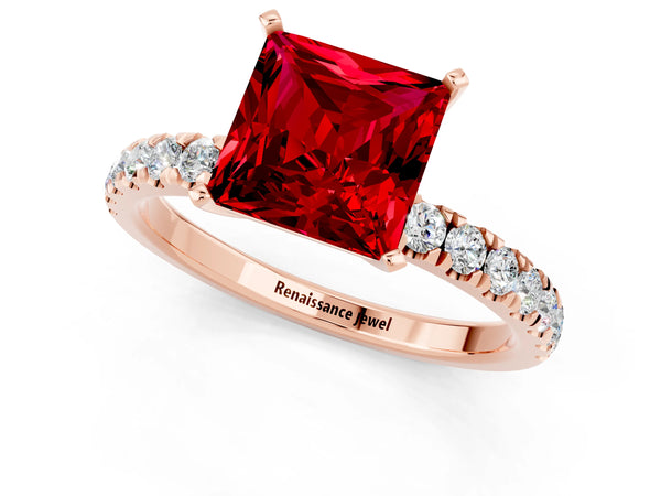 Rose gold Princess Cut Ruby Solitaire Ring with Pavé Accents and Four-Prong Setting