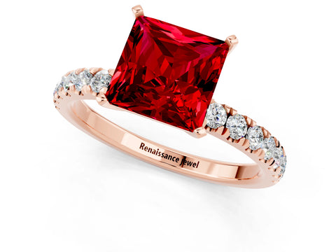 Rose gold Princess Cut Ruby Solitaire Ring with Pavé Accents and Four-Prong Setting_1