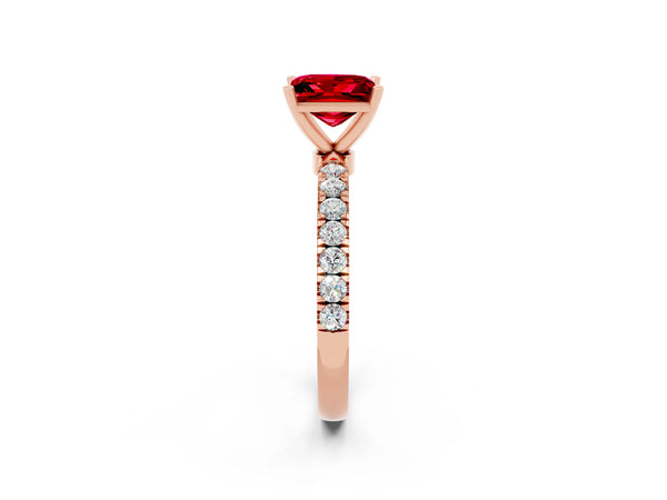 Rose gold Princess Cut Ruby Solitaire Ring with Pavé Accents and Four-Prong Setting