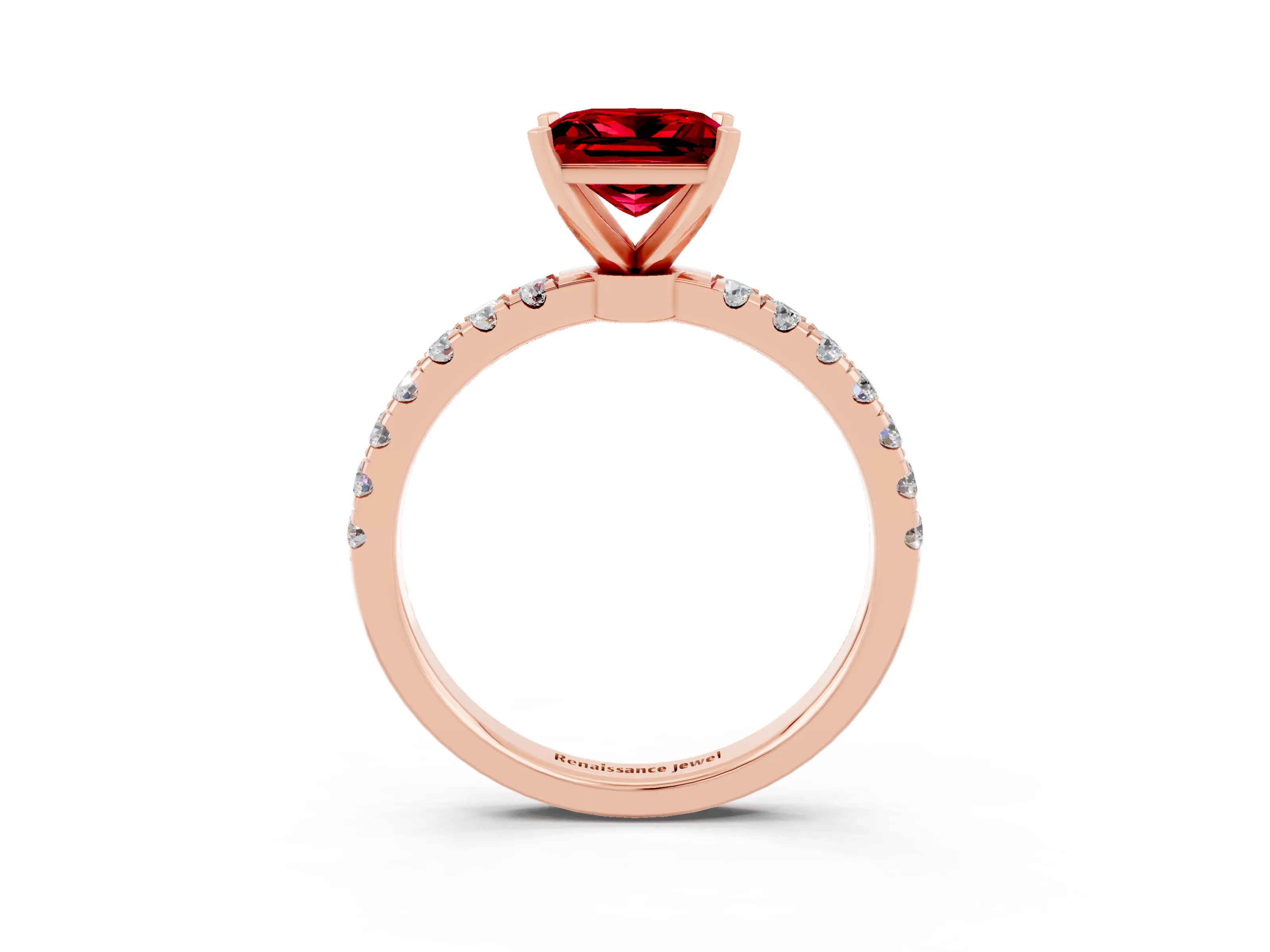 Rose gold Princess Cut Ruby Solitaire Ring with Pavé Accents and Four-Prong Setting_3