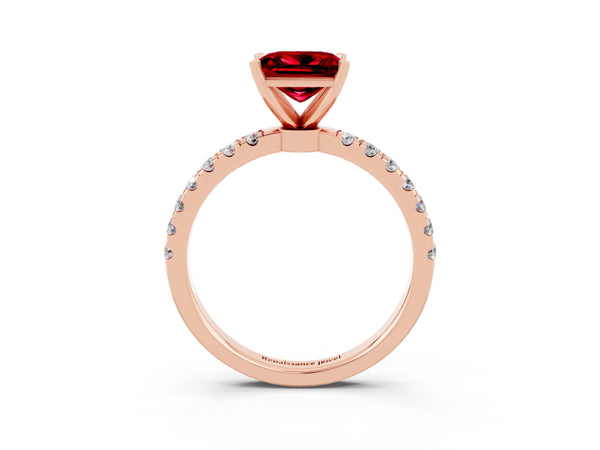 Rose gold Princess Cut Ruby Solitaire Ring with Pavé Accents and Four-Prong Setting