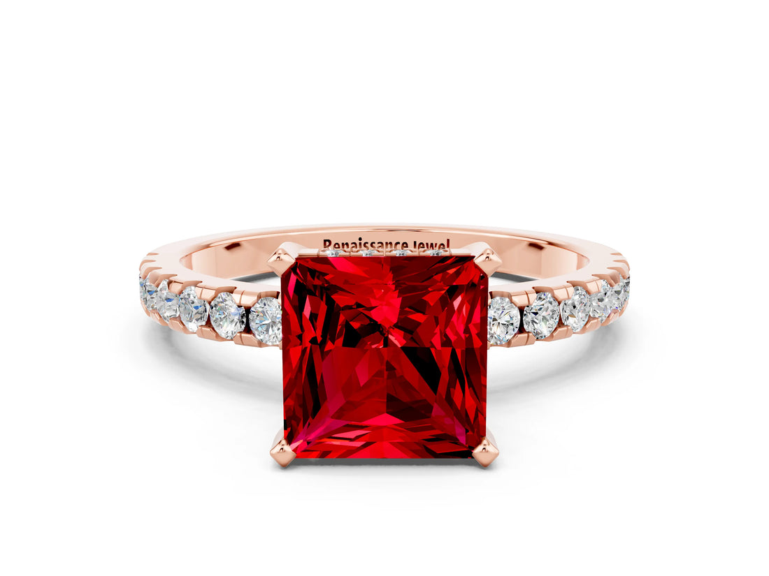 Rose gold Princess Cut Ruby Solitaire Ring with Pavé Band and Four-Prong Setting_24