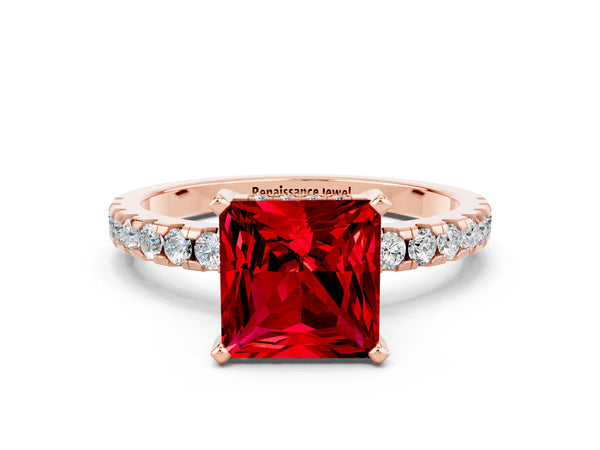 Rose gold Princess Cut Ruby Solitaire Ring with Round  Pavé Band and Four-Prong Setting