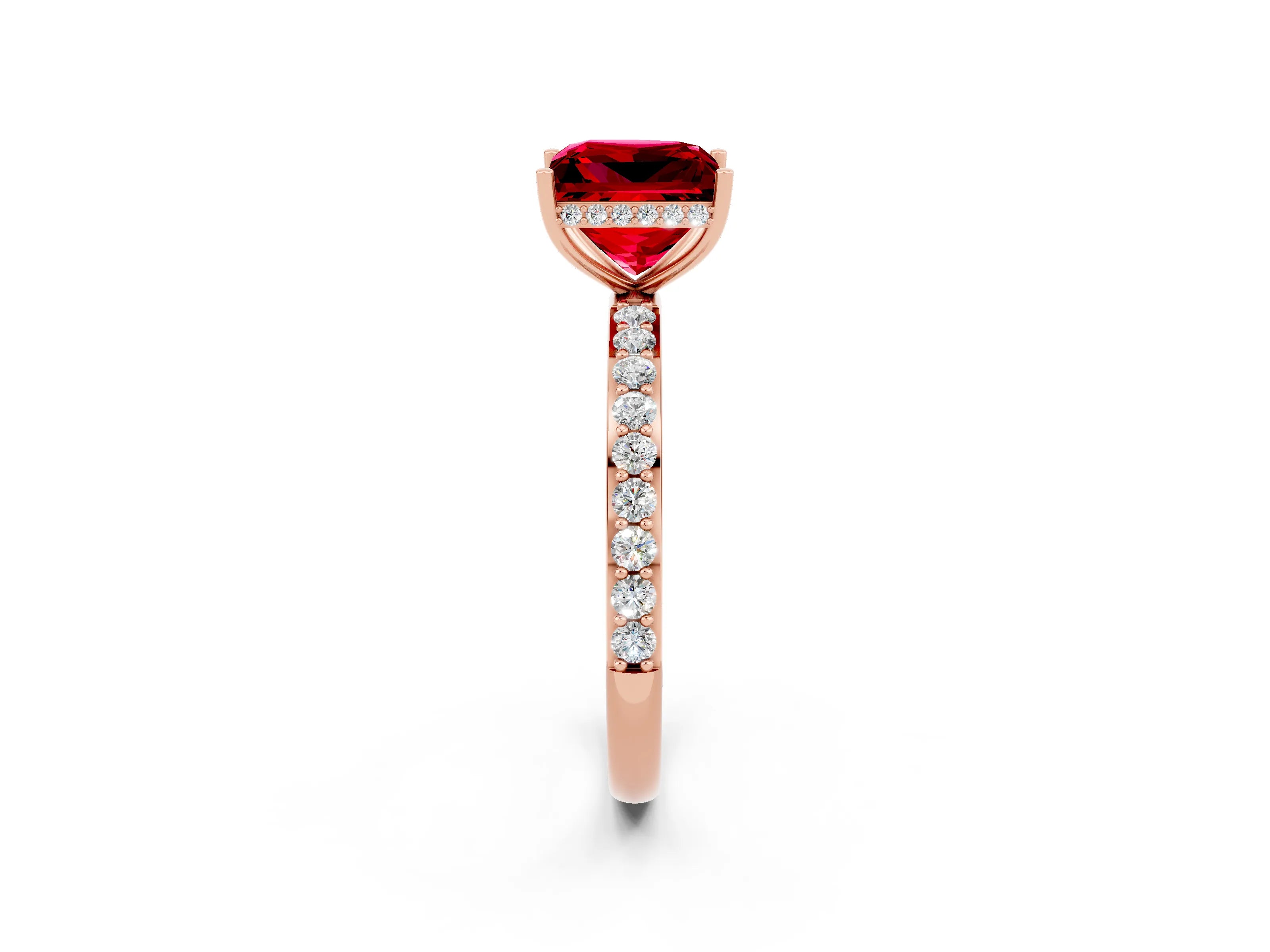 Rose gold Princess Cut Ruby Solitaire Ring with Pavé Band and Hidden Halo_14