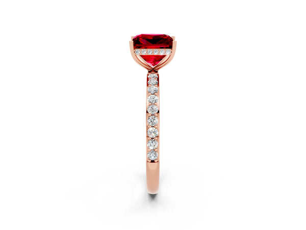 Rose gold Princess Cut Ruby Solitaire Ring with Pavé Band and Hidden Halo