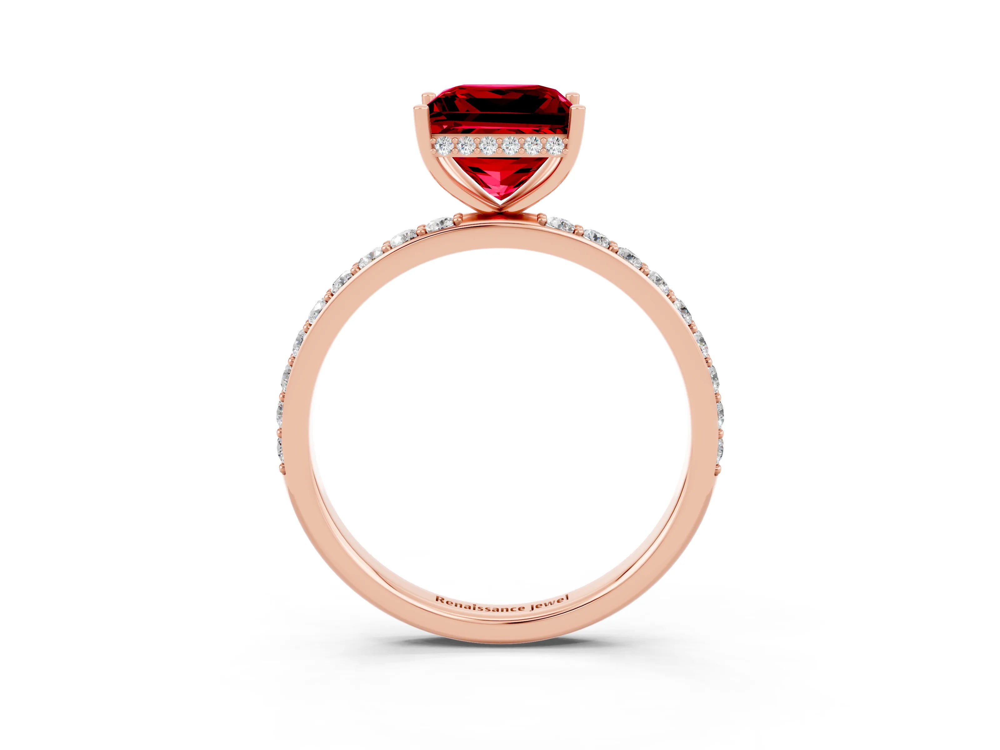 Rose gold Princess Cut Ruby Solitaire Ring with Pavé Band and Hidden Halo_15