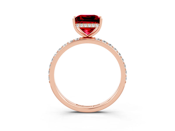 Rose gold Princess Cut Ruby Solitaire Ring with Pavé Band and Hidden Halo