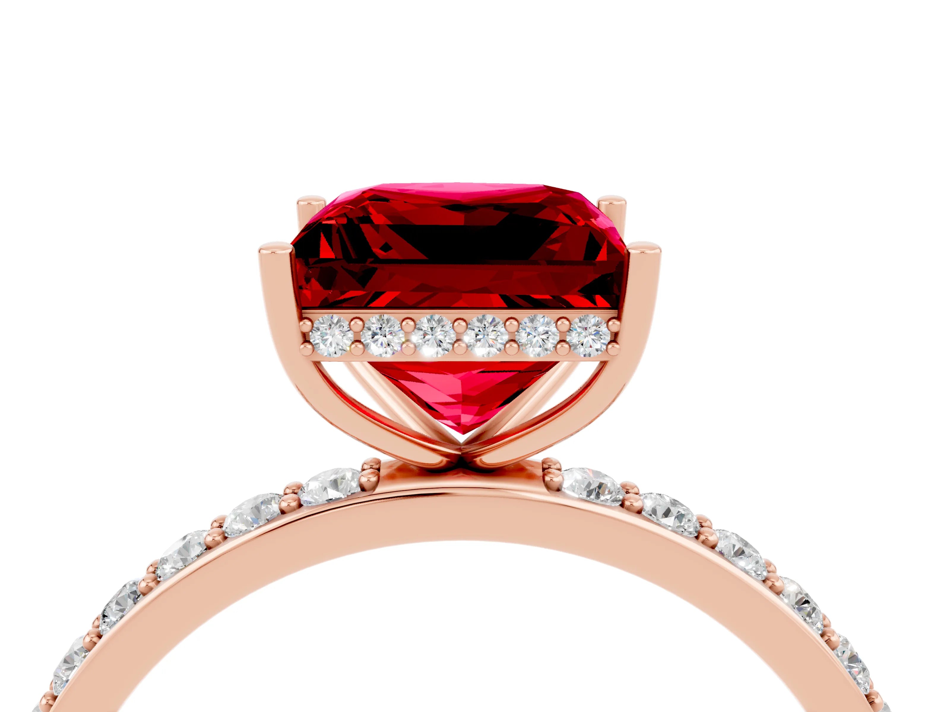 Rose gold Princess Cut Ruby Solitaire Ring with Pavé Band and Hidden Halo_16