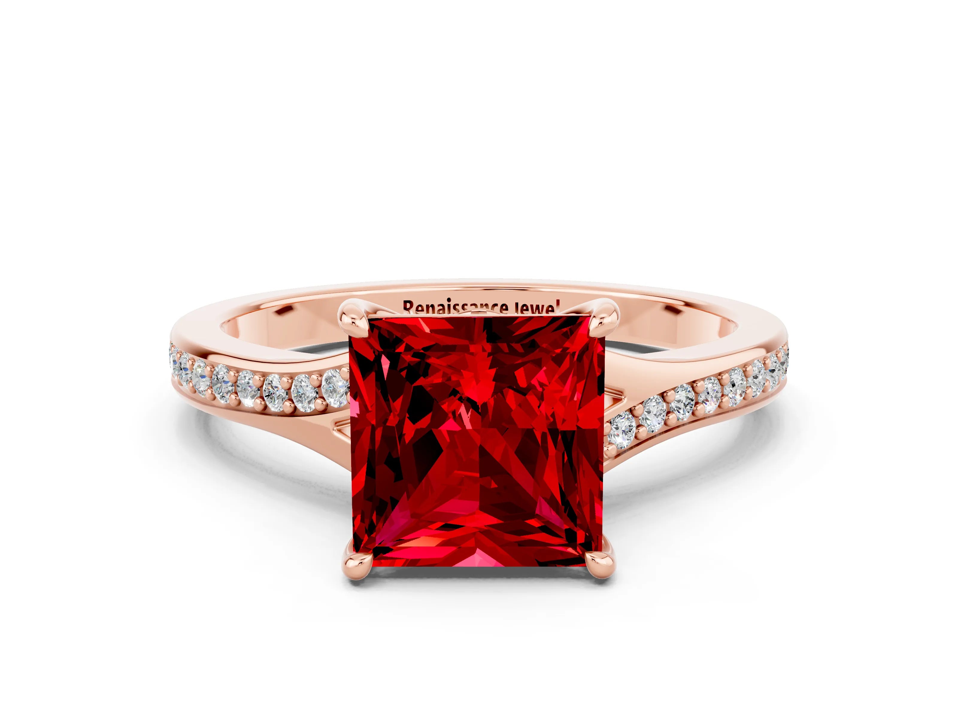 Rose gold Princess Cut Ruby Solitaire Ring with Pavé Band and Prong Setting