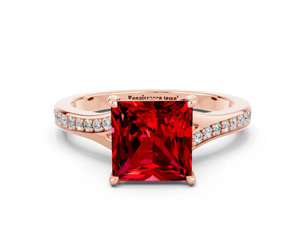 Rose gold Princess Cut Ruby Solitaire Ring with Pavé Band and Prong Setting