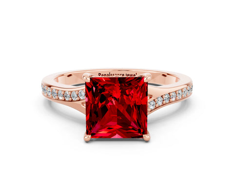 Rose gold Princess Cut Ruby Solitaire Ring with Pavé Band and Prong Setting_12