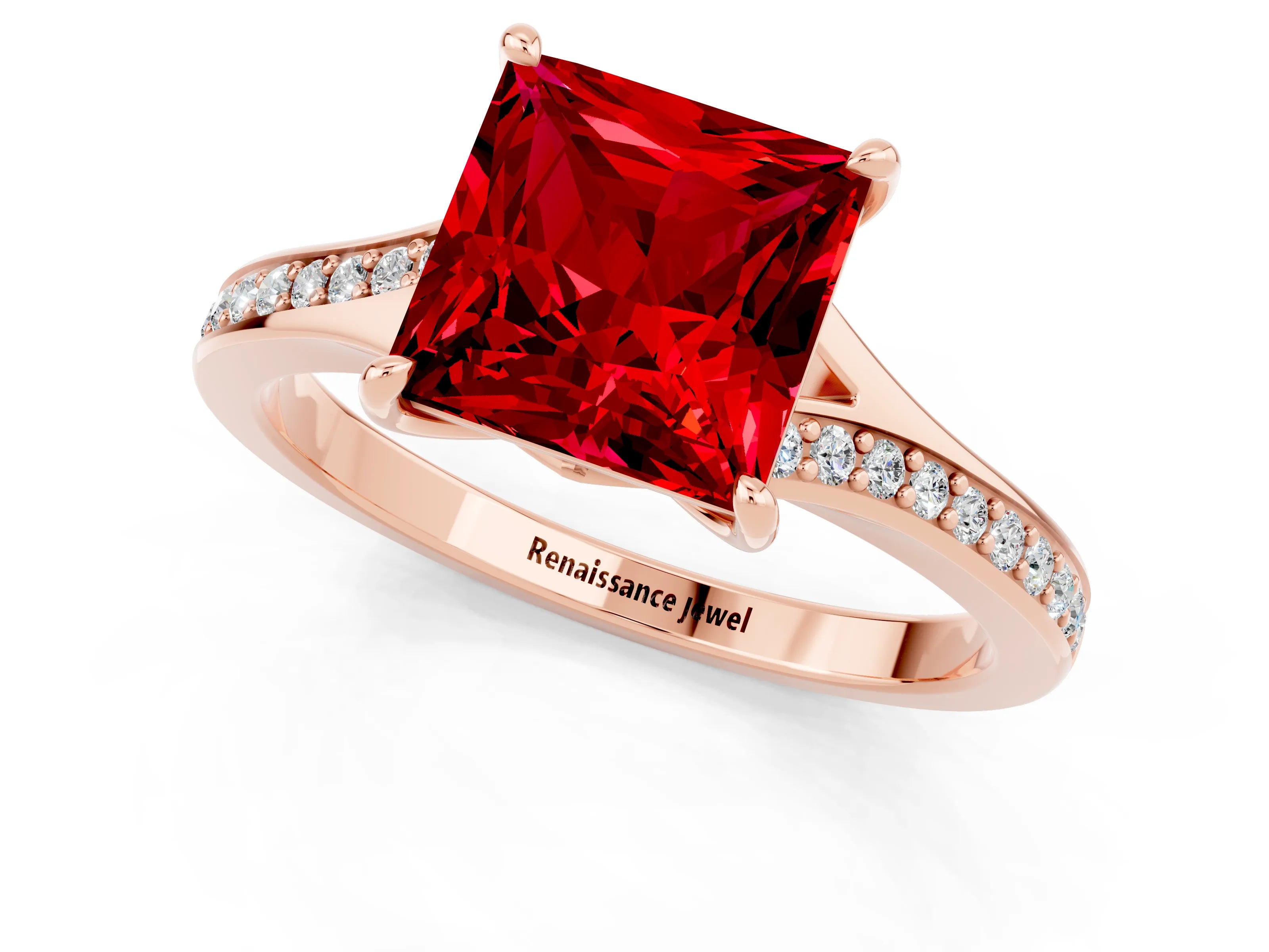 Rose gold Princess Cut Ruby Solitaire Ring with Pavé Band and Prong Setting_13