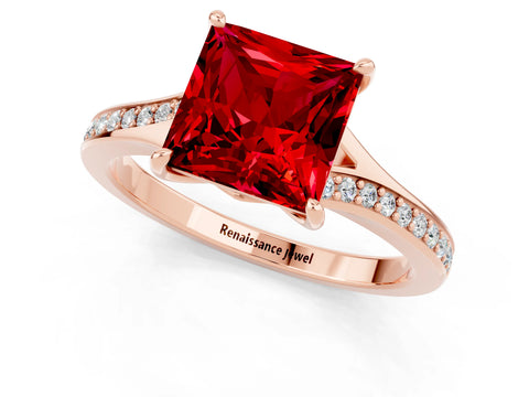 Rose gold Princess Cut Ruby Solitaire Ring with Pavé Band and Prong Setting_13