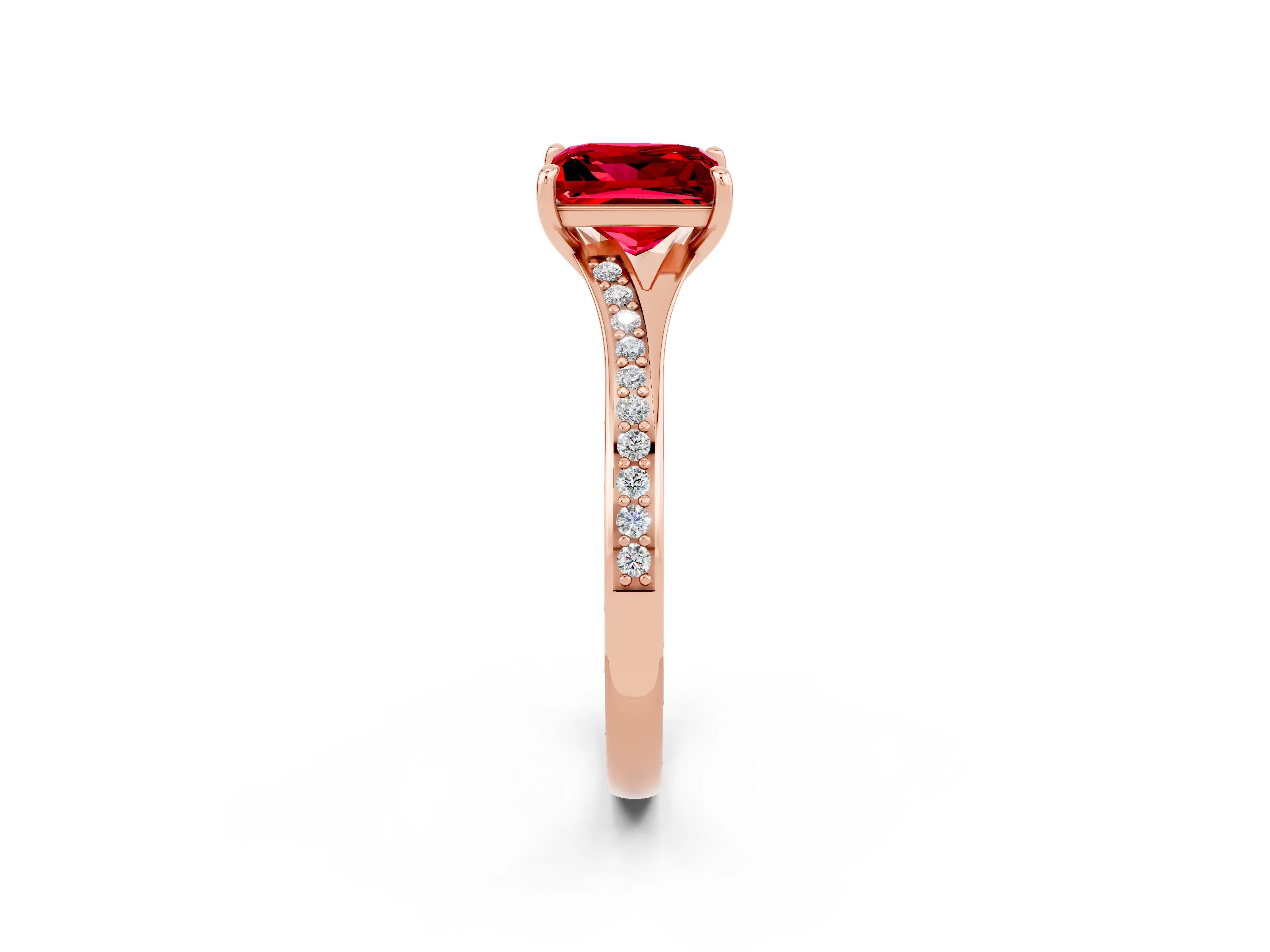 Rose gold Princess Cut Ruby Solitaire Ring with Pavé Band and Prong Setting_14