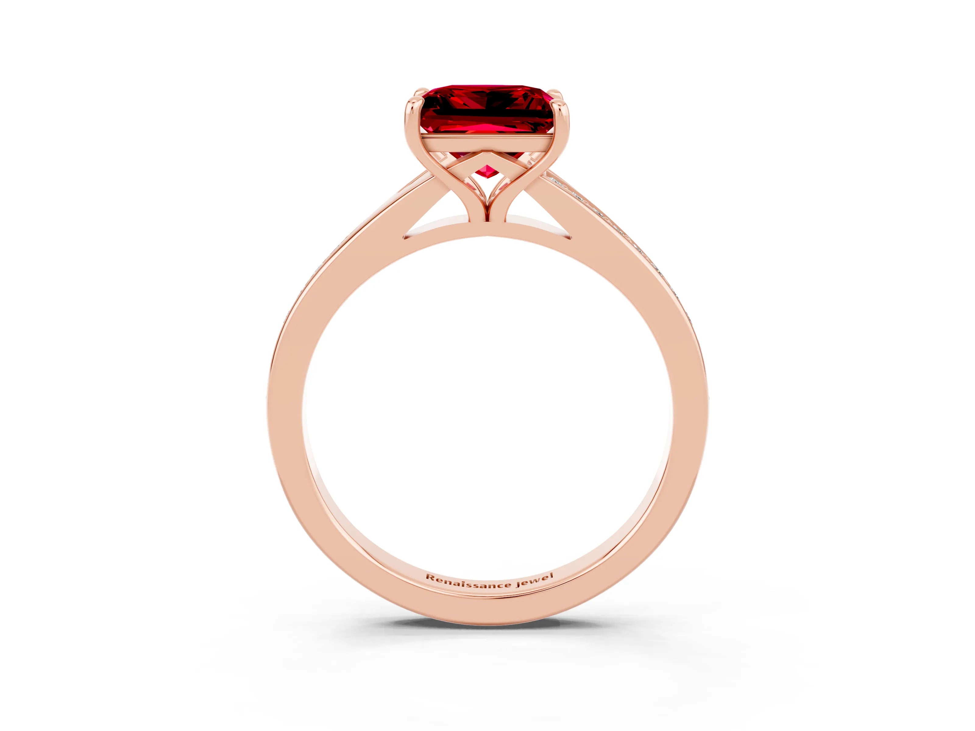 Rose gold Princess Cut Ruby Solitaire Ring with Pavé Band and Prong Setting_15
