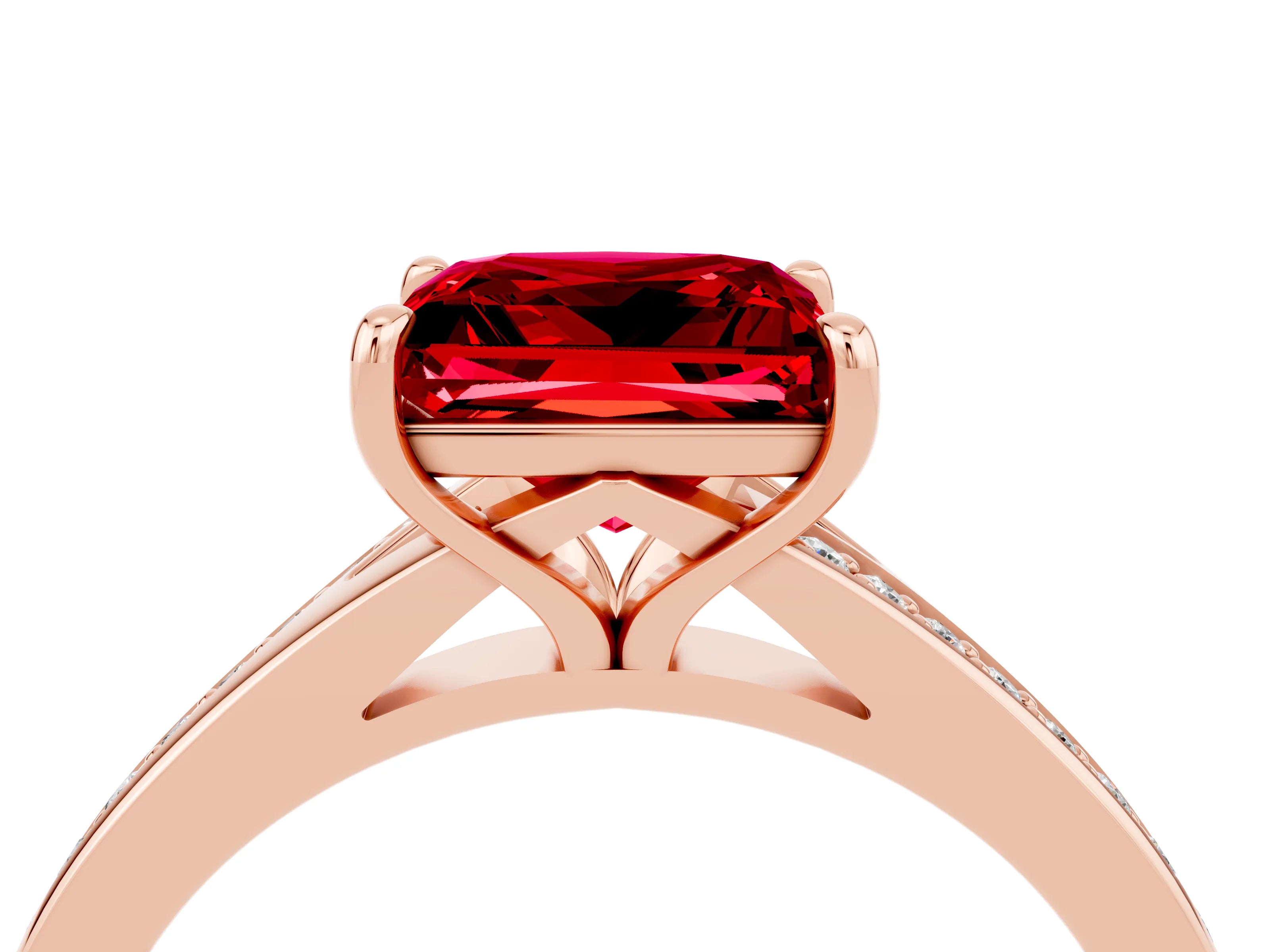Rose gold Princess Cut Ruby Solitaire Ring with Pavé Band and Prong Setting_16