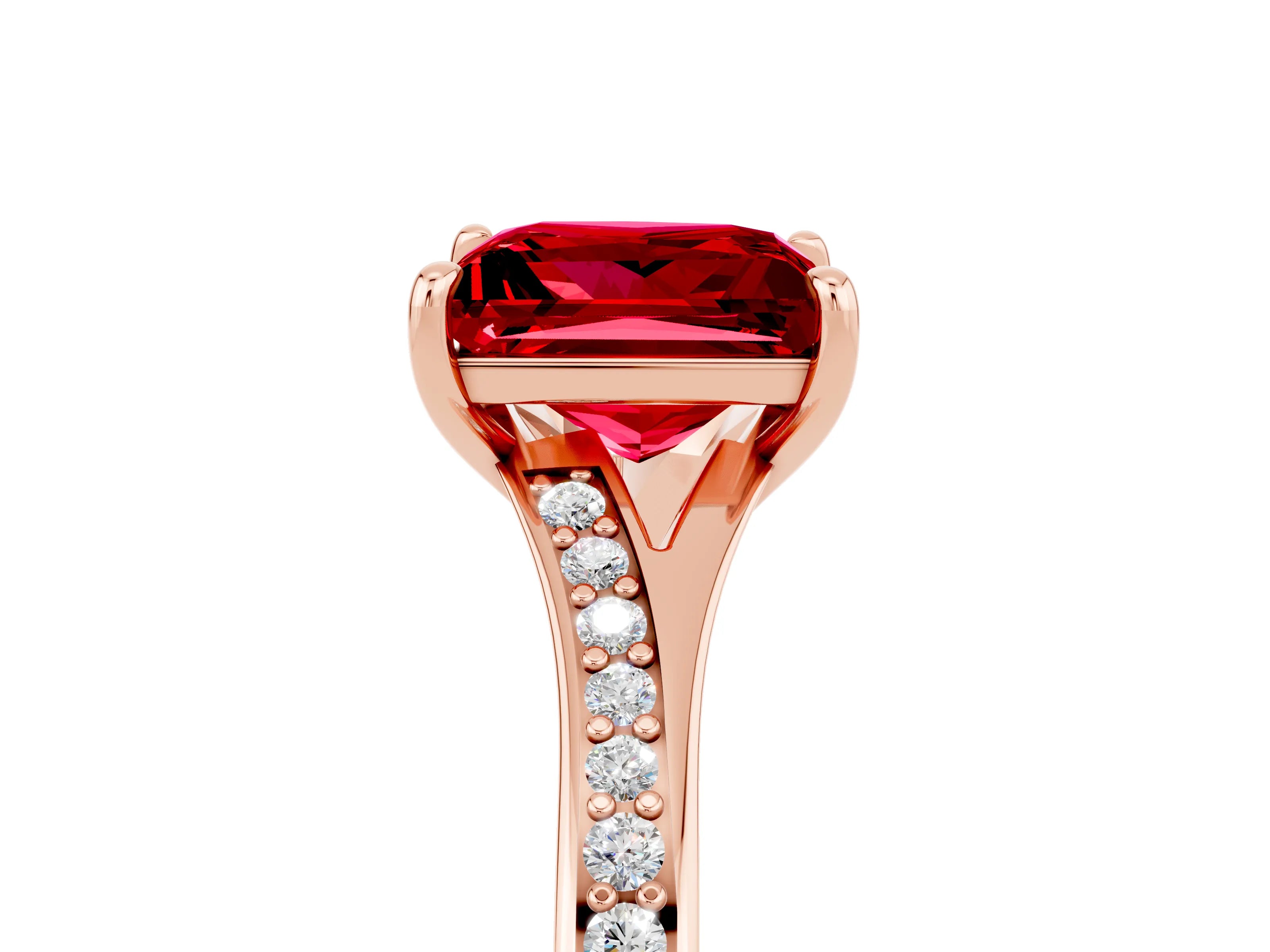 Rose gold Princess Cut Ruby Solitaire Ring with Pavé Band and Prong Setting_17