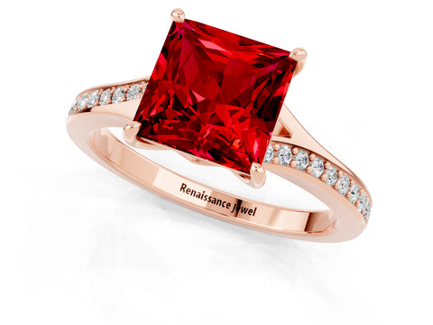 Rose gold Princess Cut Ruby Solitaire Ring with Pavé Band and Prong Setting_1