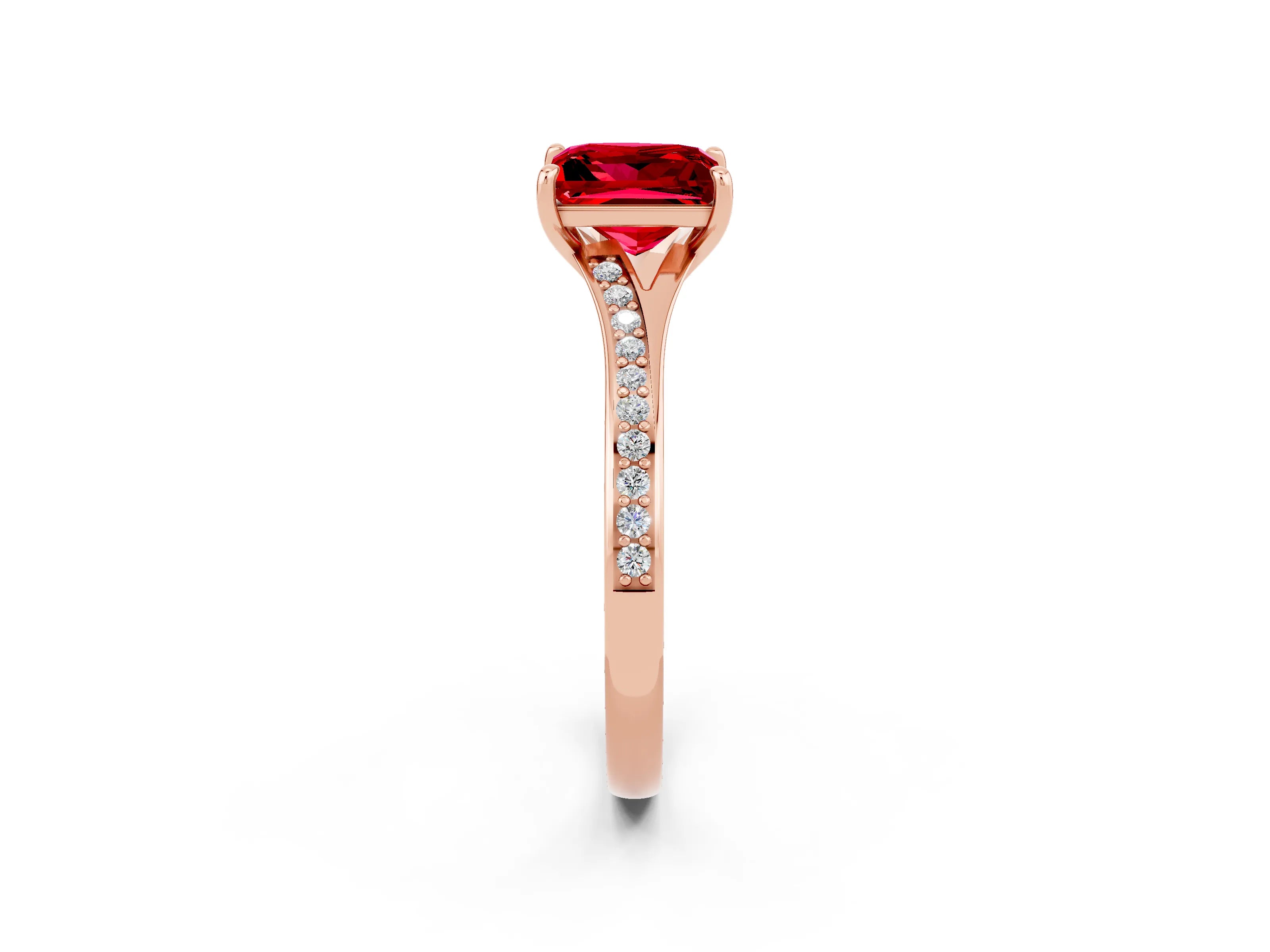 Rose gold Princess Cut Ruby Solitaire Ring with Pavé Band and Prong Setting_2