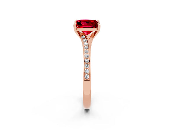 Rose gold Princess Cut Ruby Solitaire Ring with Pavé Band and Prong Setting