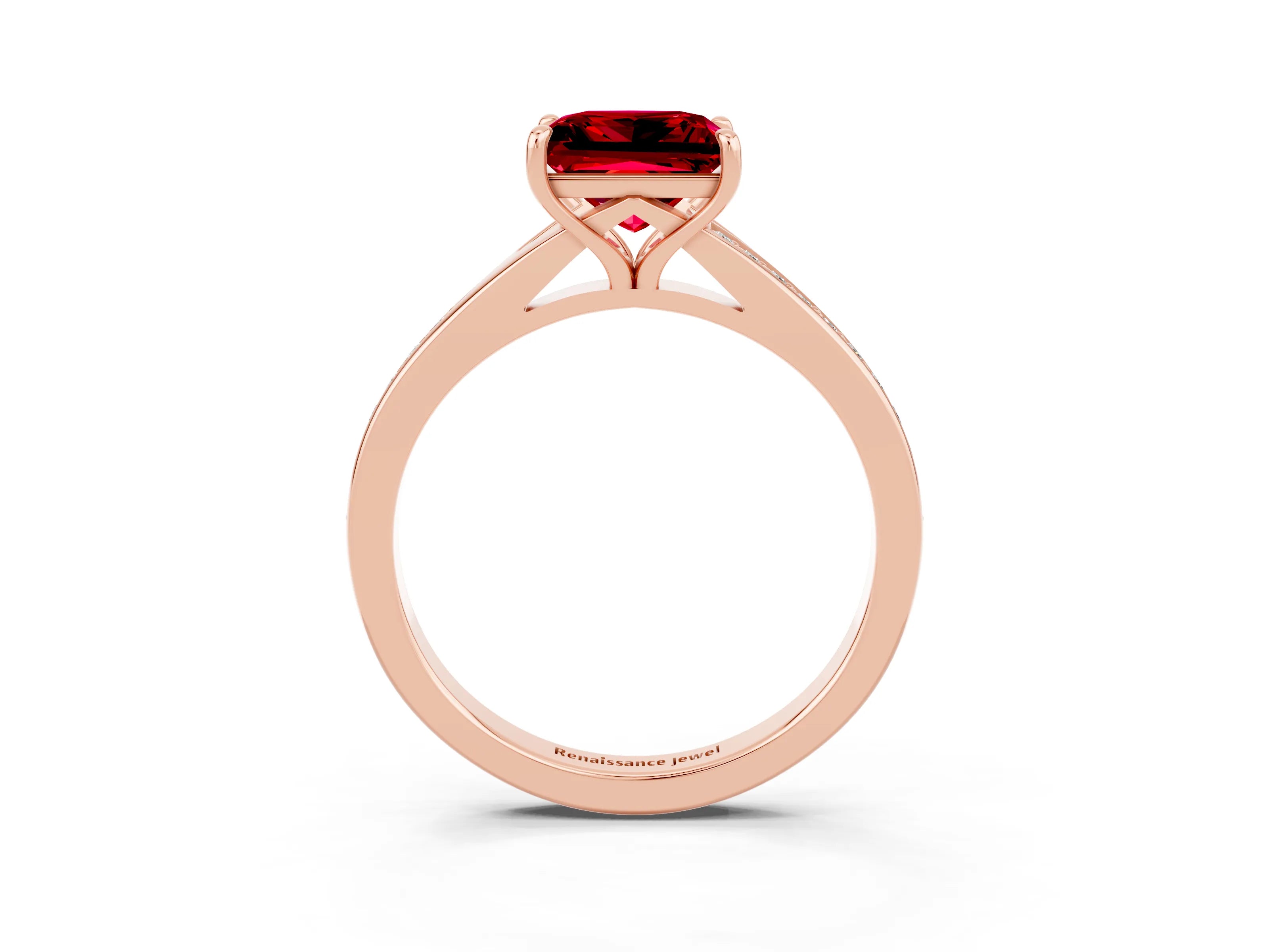 Rose gold Princess Cut Ruby Solitaire Ring with Pavé Band and Prong Setting_3