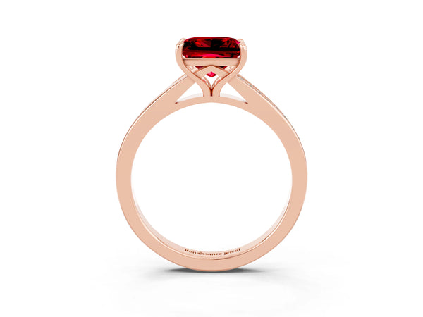 Rose gold Princess Cut Ruby Solitaire Ring with Pavé Band and Prong Setting