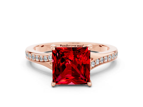 Rose gold Princess Cut Ruby Solitaire Ring with Pavé Band and Prong Setting
