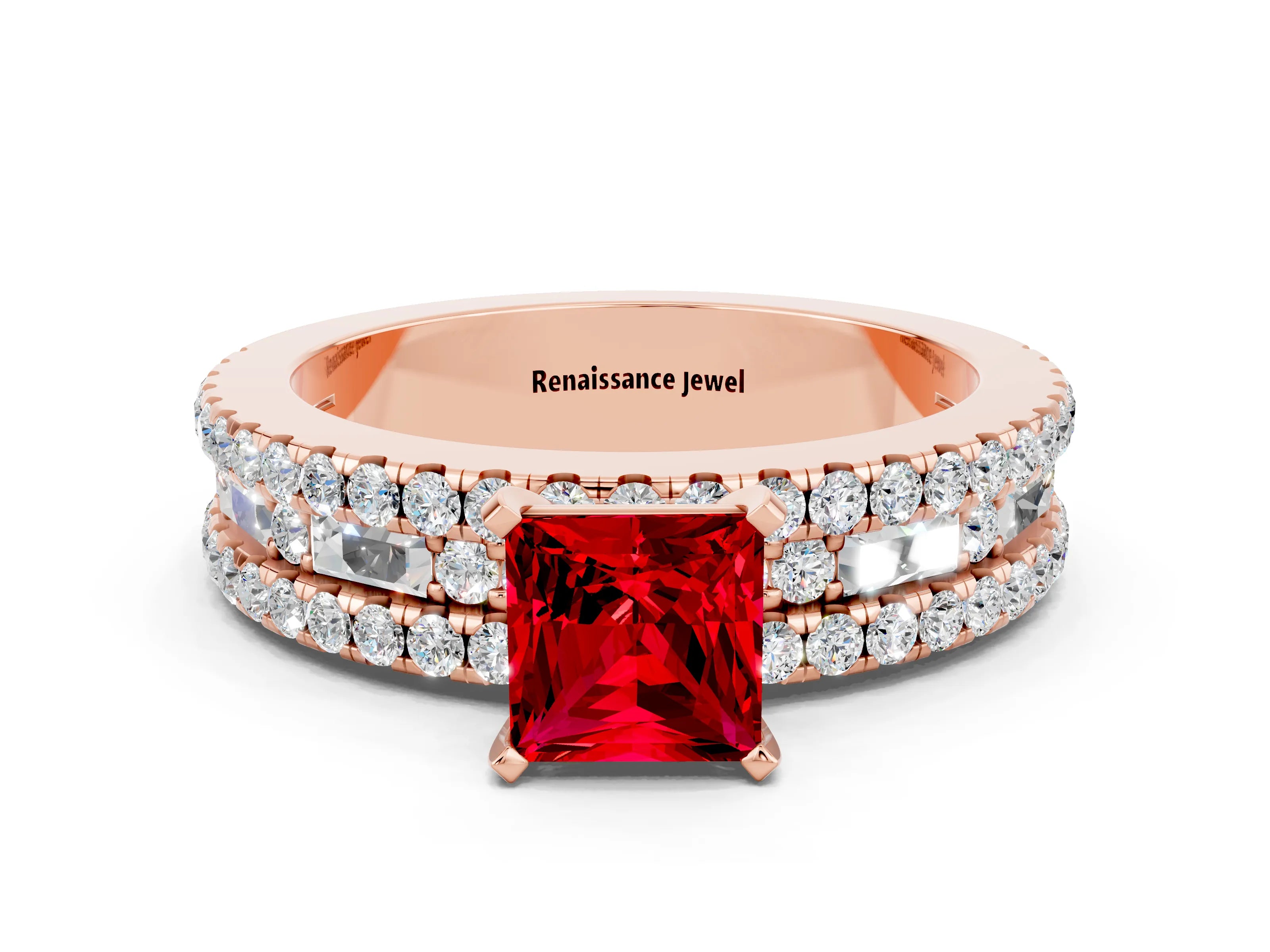 Rose gold Princess Cut Ruby Solitaire Ring with Pavé and Channel Set Band