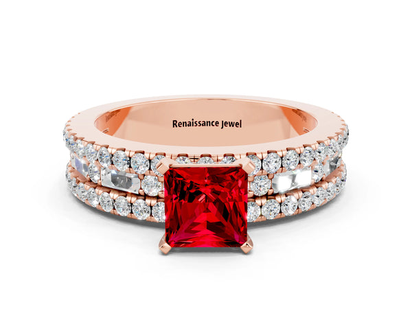 Rose gold Princess Cut Ruby Solitaire Ring with Pavé and Channel Set Band