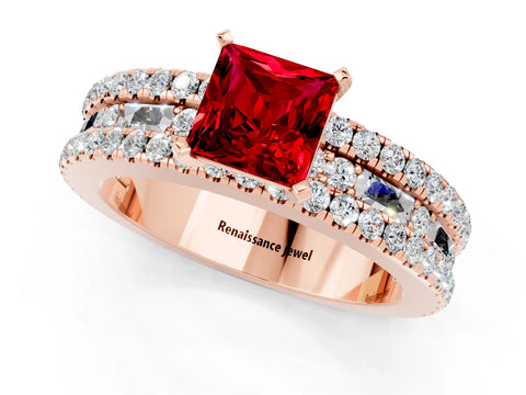Rose gold Princess Cut Ruby Solitaire Ring with Pavé and Channel Set Band_1