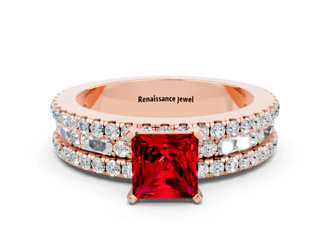 Rose gold Princess Cut Ruby Solitaire Ring with Pavé and Channel Set Band