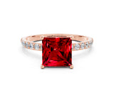 Rose gold Princess Cut Ruby Solitaire Ring with Pave Band and Four Prong Setting_24