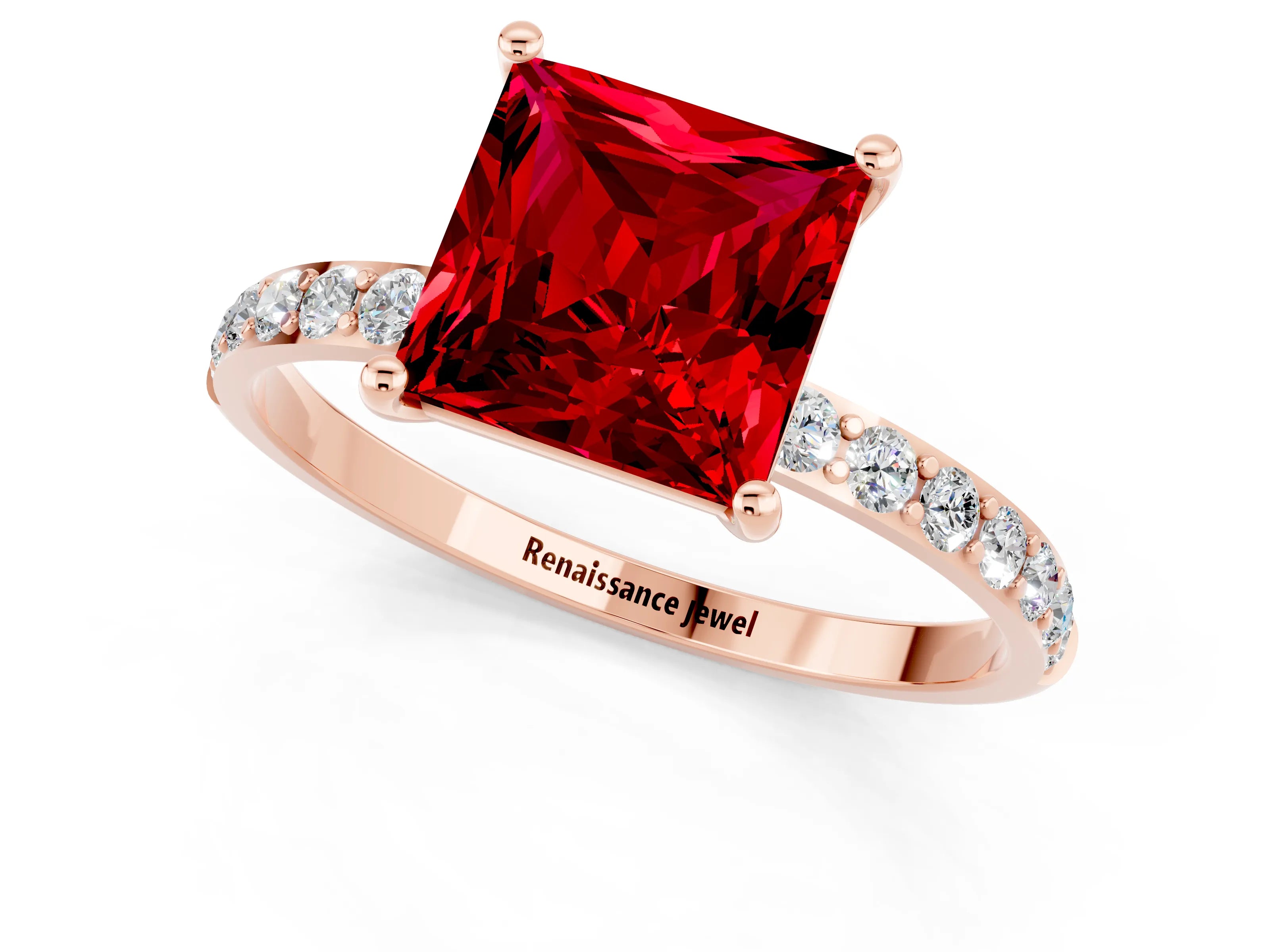 Rose gold Princess Cut Ruby Solitaire Ring with Pave Band and Four Prong Setting_25