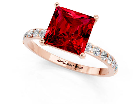 Rose gold Princess Cut Ruby Solitaire Ring with Pave Band and Four Prong Setting_25