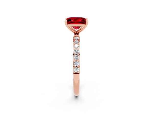 Rose gold Princess Cut Ruby Solitaire Ring with Round  Pavé Band and Prong Setting