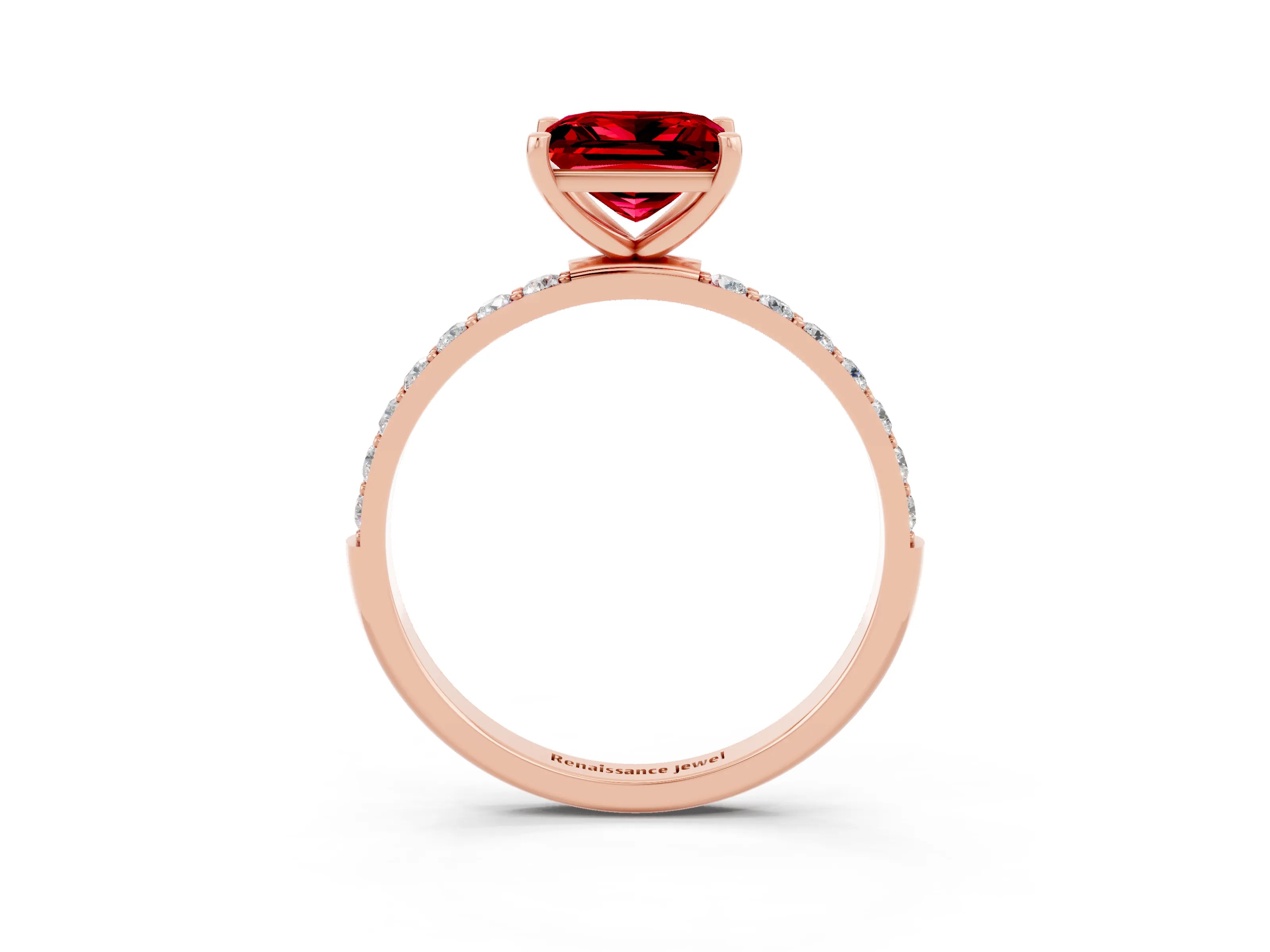 Rose gold Princess Cut Ruby Solitaire Ring with Pave Band and Four Prong Setting_27