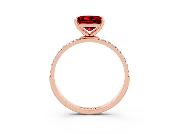 Rose gold Princess Cut Ruby Solitaire Ring with Round  Pavé Band and Prong Setting
