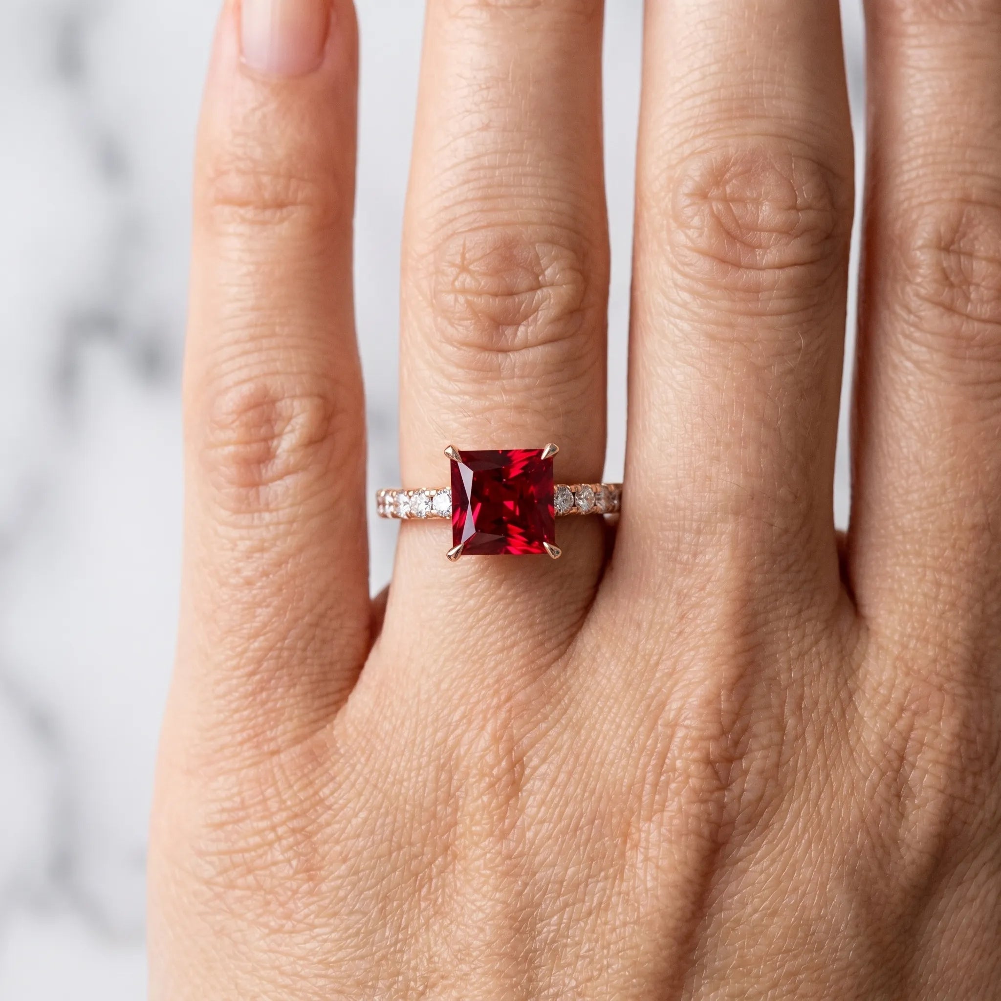 Rose gold Princess Cut Ruby Solitaire Ring with Round  Pavé Band and Four-Prong Setting_42