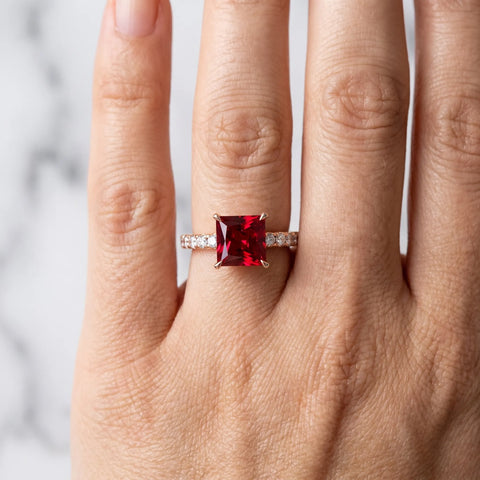 Rose gold Princess Cut Ruby Solitaire Ring with Round  Pavé Band and Four-Prong Setting_42