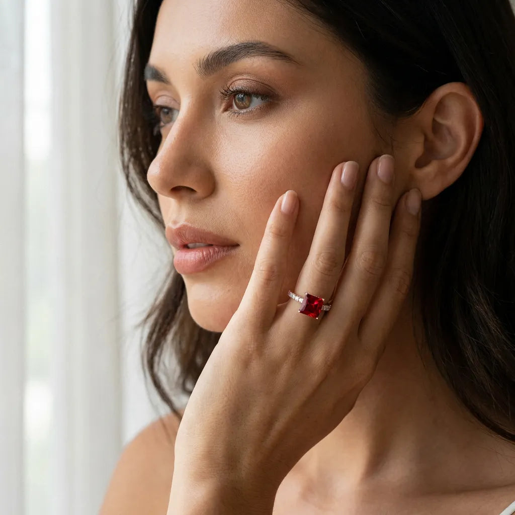 Rose gold Princess Cut Ruby Solitaire Ring with Round  Pavé Band and Four-Prong Setting_43