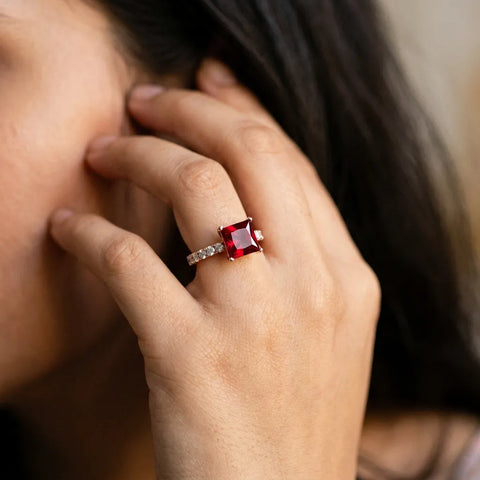 Rose gold Princess Cut Ruby Solitaire Ring with Round  Pavé Band and Four-Prong Setting_44