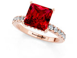 Rose gold Princess Cut Ruby Solitaire Ring with Round  Pavé Band and Four-Prong Setting_45