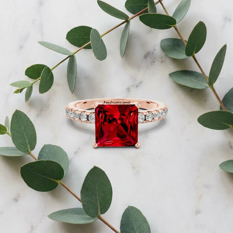 Rose gold Princess Cut Ruby Solitaire Ring with Round  Pavé Band and Four-Prong Setting_45