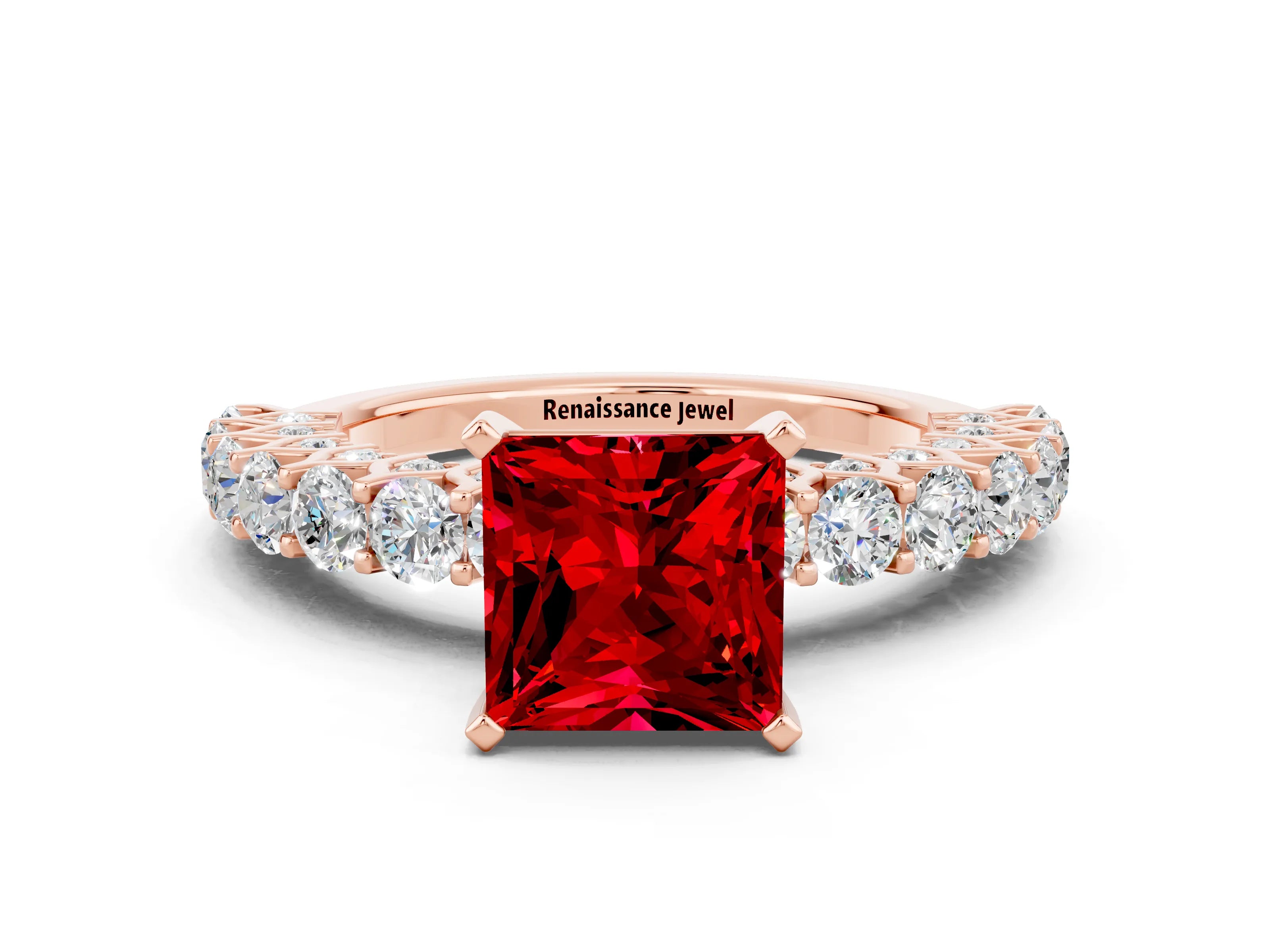 Rose gold Princess Cut Ruby Solitaire Ring with Shared Prong Pavé Band and Four-Prong Setting
