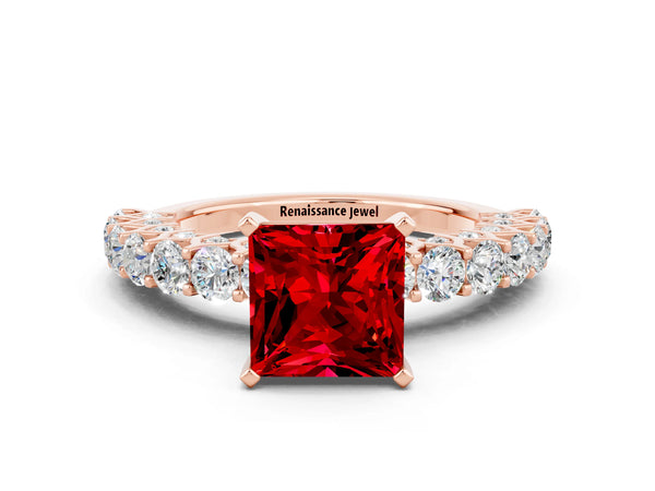 Rose gold Princess Cut Ruby Solitaire Ring with Shared Prong Pavé Band and Four-Prong Setting