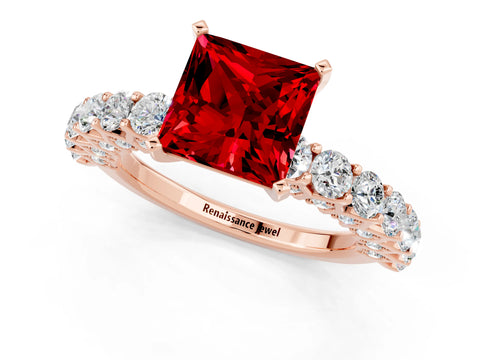 Rose gold Princess Cut Ruby Solitaire Ring with Shared Prong Pavé Band and Four-Prong Setting_1