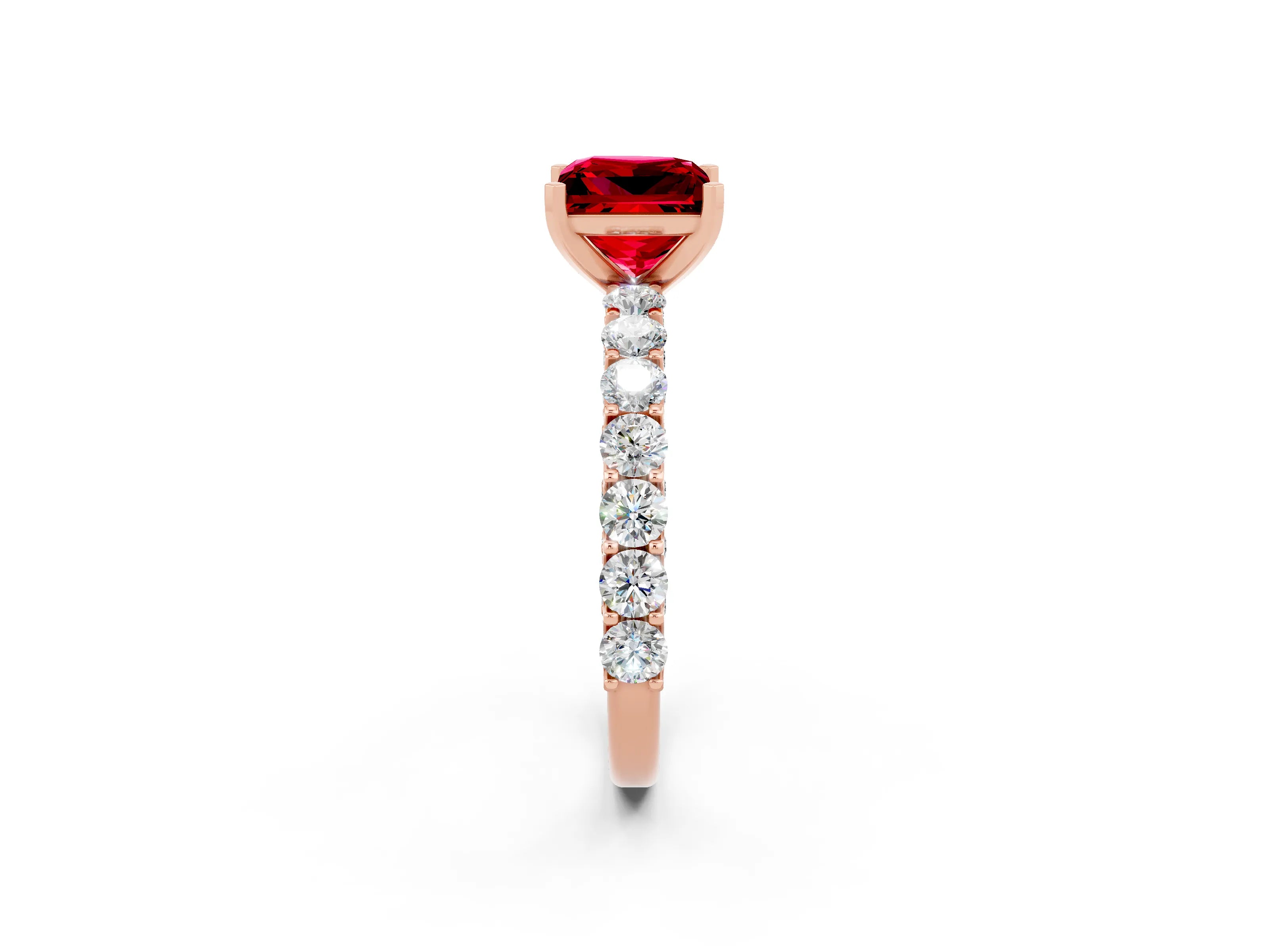 Rose gold Princess Cut Ruby Solitaire Ring with Shared Prong Pavé Band and Four-Prong Setting_2