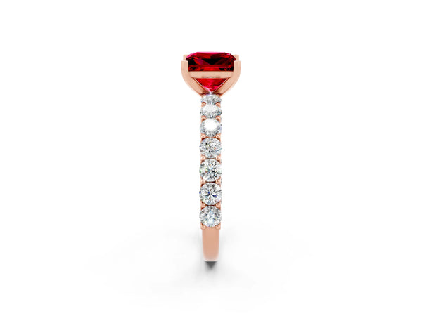 Rose gold Princess Cut Ruby Solitaire Ring with Shared Prong Pavé Band and Four-Prong Setting